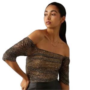 Anthropologie - Mesh Off-Shoulder Crop Top - Size M, Leopard / Animal Print